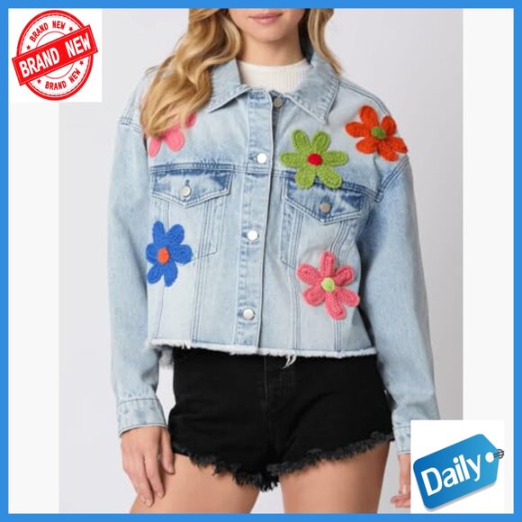 Long Sleeve Button Down 3D Flower Patchwork Crop Raw Hem Denim Jacket - Picture 4 of 6